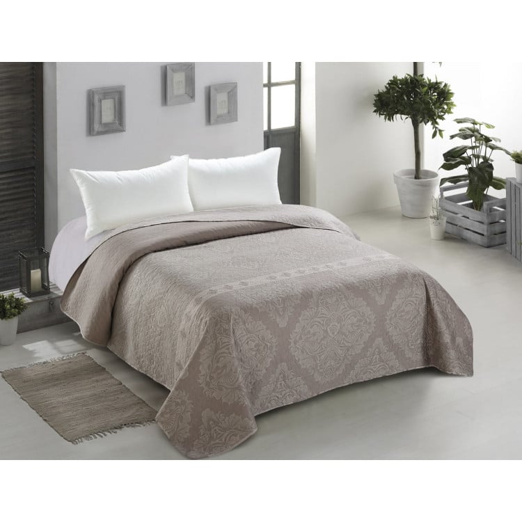 Narzuta na łóżko pikowana 260x280 Ornament dwustronna beżowa