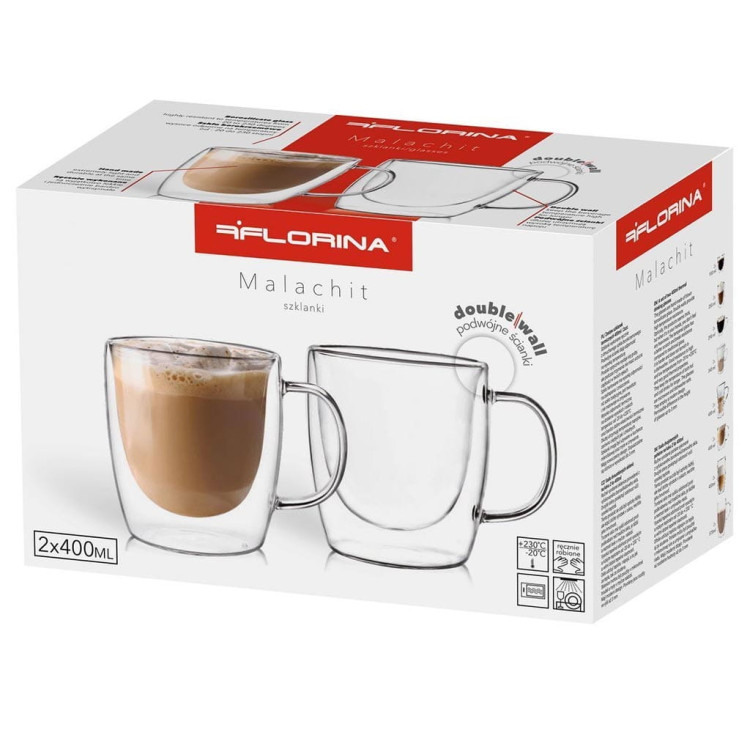 Szklanki termiczne z uchem Florina Malachit 400 ml zestaw 2 sztuki Szklanki termiczne z uchem Florina Malachit 400 ml zestaw 2 sztuki