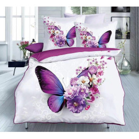 Pościel 200x220 bawełna satynowa 3D Cotton World gruba 3 części 370 motyl i kwiaty