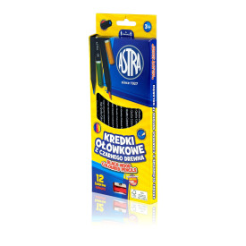 Kredki ołówkowe sześciokątne z czarnego drewna - 12 kolorów z temperówką