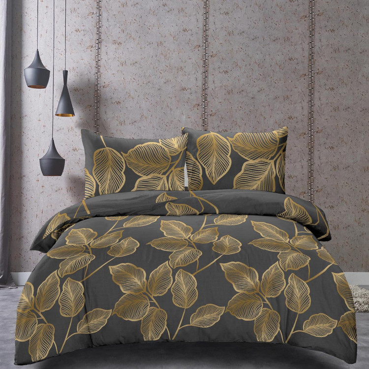 Pościel 140x200 bawełna satynowa 3D Cotton World gruba 2 części 2418 złote liście na szarym tle
