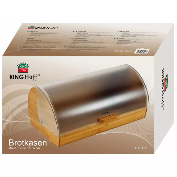 Chlebak drewniany KINGHoff 3216 pojemnik na pieczywo plastikowa pokrywa przezroczysty