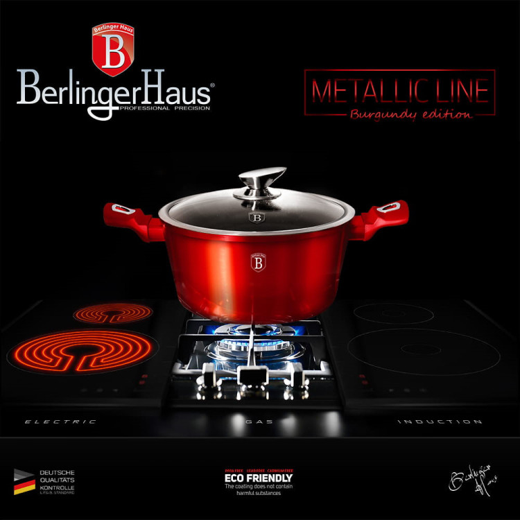 Garnki BERLINGER HAUS BH-6781 Metalic Line Burgund zestaw 16 elementów garnki marmurkowe Indukcja