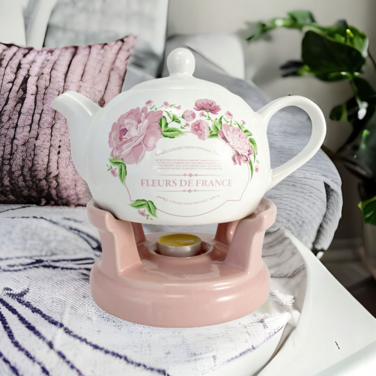 Czajnik 1L Dzbanek z podgrzewaczem zestaw Imbryk Flowers BL-T-39 Tragar