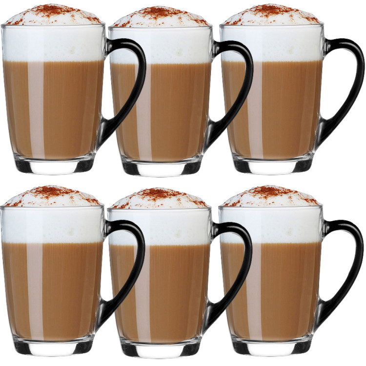 Szklanki z czarnym uchem 300 ml w zestawie z długimi łyżeczkami Glasmark Ala do herbaty kawy latte macchiato komplet 6 sztuk