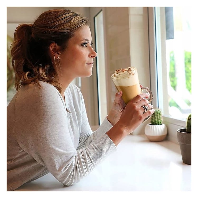 Szklanki do kawy latte Florina Boston 310 ml wysokie zestaw z długimi łyżeczkami i spieniacz do mleka 6 sztuk