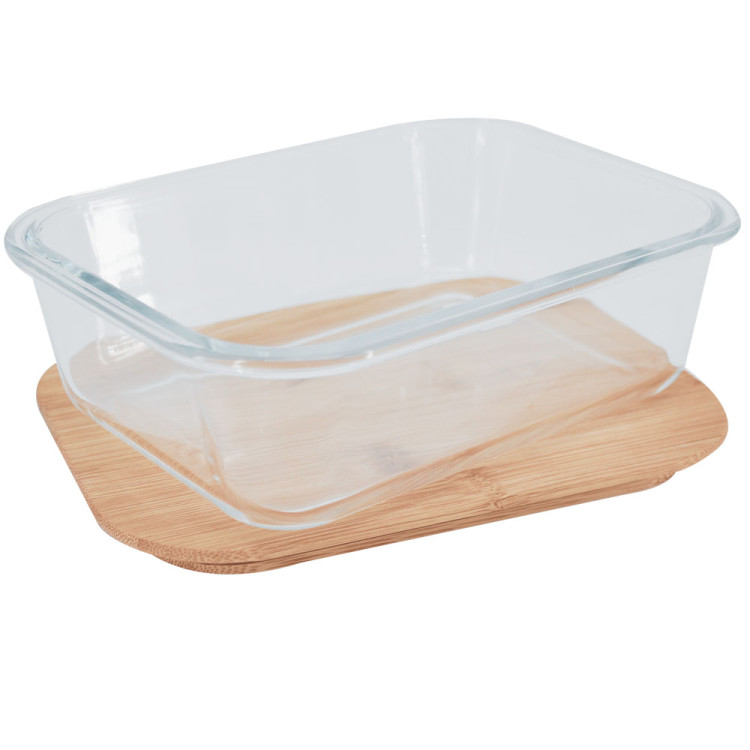 Zestaw 4 pojemników szklanych lunchbox z bambusową pokrywką 1500/1050/640/370 ml żaroodporne