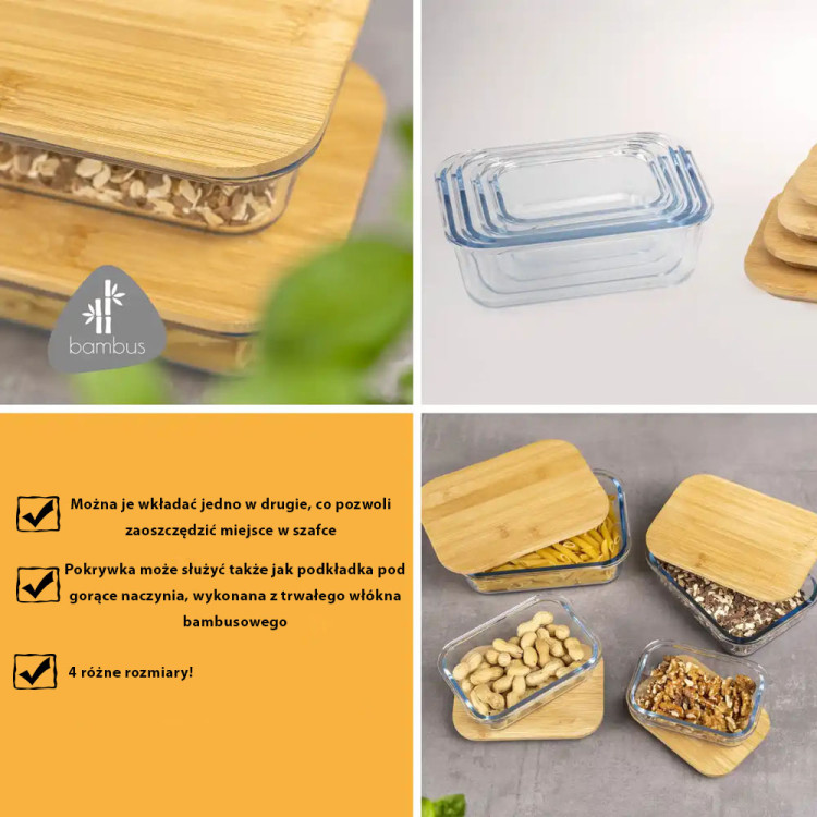 Zestaw 4 pojemników szklanych lunchbox z bambusową pokrywką 1500/1050/640/370 ml żaroodporne