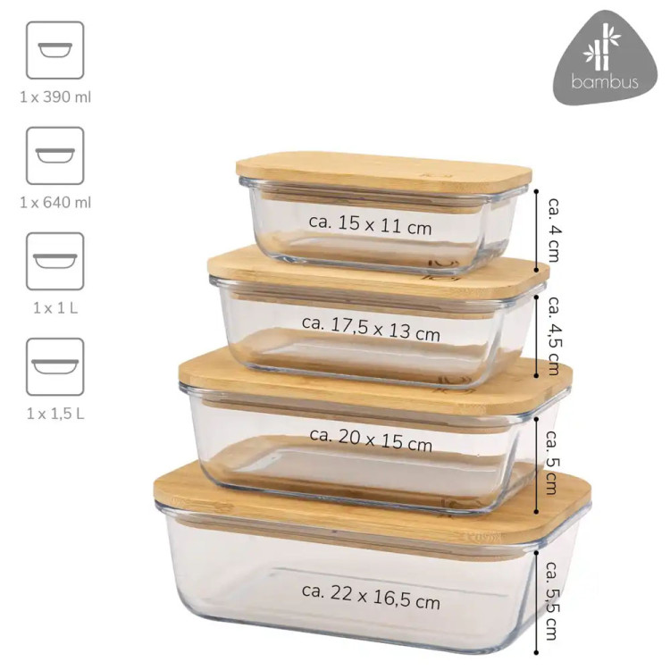 Zestaw 4 pojemników szklanych lunchbox z bambusową pokrywką 1500/1050/640/370 ml żaroodporne