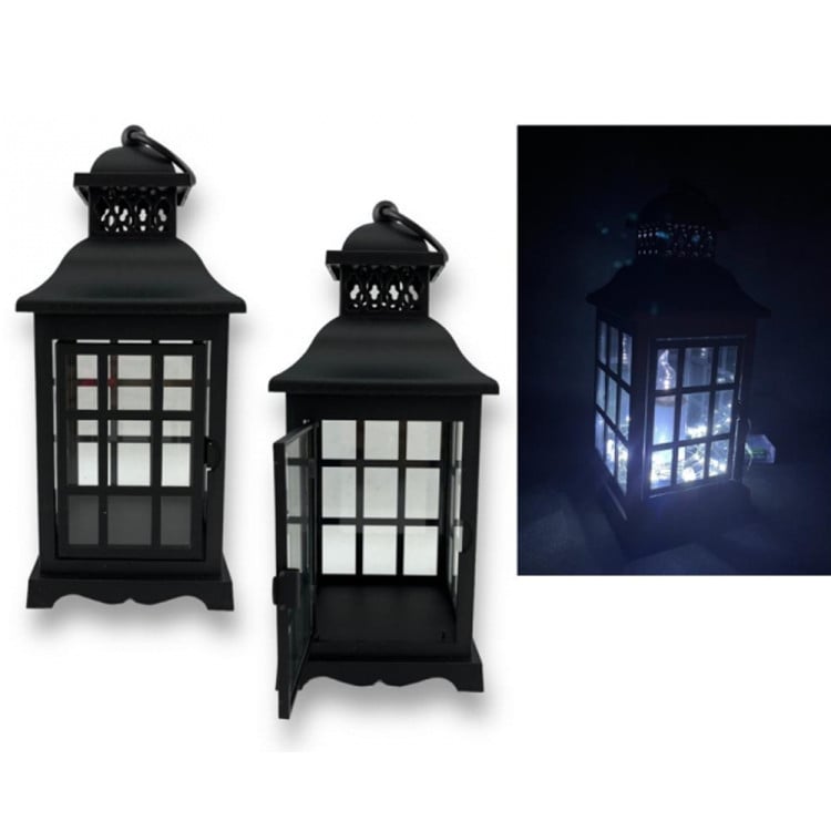 Lampion dekoracyjny z przeszklonymi ściankami w kratkę 11.2x11.2x26.5 cm latarenka czarna lam35725
