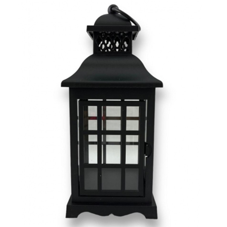 Lampion dekoracyjny z przeszklonymi ściankami w kratkę 11.2x11.2x26.5 cm latarenka czarna lam35725