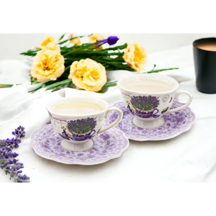 Serwis kawowy na 2 osoby porcelana zestaw 2 filiżanek ze spodkami Bella Fiore lawenda 38975