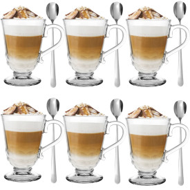 Szklanki z uchem 320 ml Florina Malena kubki do herbaty kawy latte macchiato komplet 6 sztuk w zestawie z długimi łyżeczkami