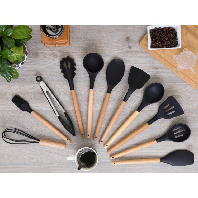 Przybory kuchenne Elitehoff E-6288 czarne komplet 12 sztuk narzędzi z przybornikiem