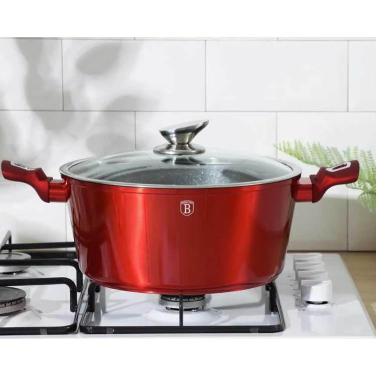 Garnki BERLINGER HAUS BH-7030 Burgundy zestaw 16 elementów garnki marmurkowe czerwone Indukcja