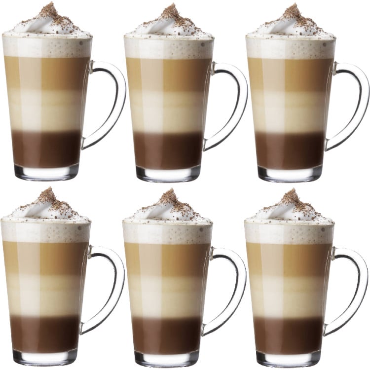 Szklanki do kawy herbaty z uchem 300 ml Glasmark Iwo komplet 6 sztuk z łyżeczkami latte