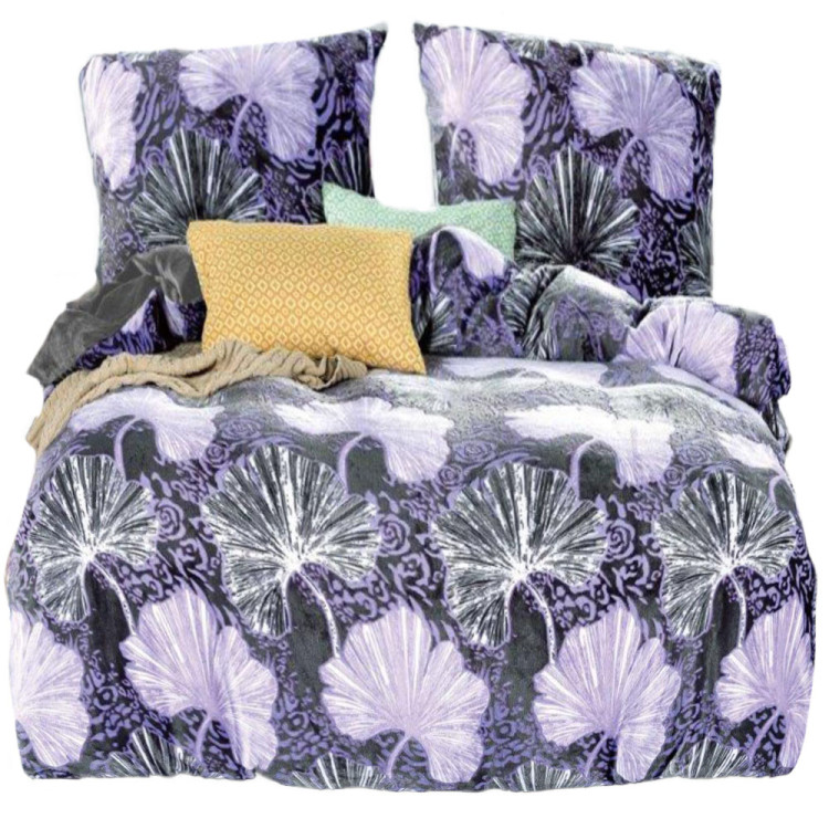 Pościel 160x200 mikrofibra "miś" Cotton World gruba 3 części 2524 fioletowe liście miłorzębu
