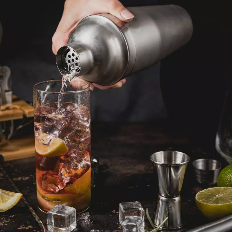 Zestaw barmański do drinków srebrny 13 elementów z stojakiem bambusowym przybory barowe Klausberg KB 7654