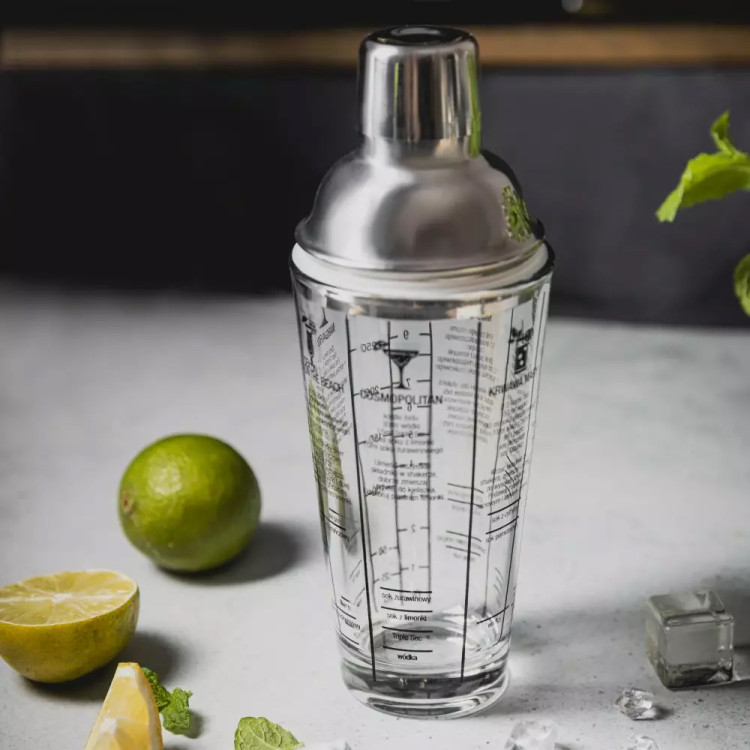 Shaker do koktajli szklany 400 ml Klausberg KB 7647 barowy shaker do drinków przeźroczysty z miarką i przepisami