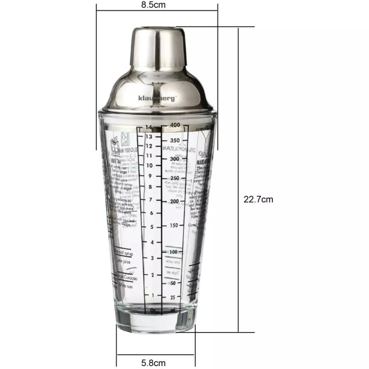 Shaker do koktajli szklany 400 ml Klausberg KB 7647 barowy shaker do drinków przeźroczysty z miarką i przepisami
