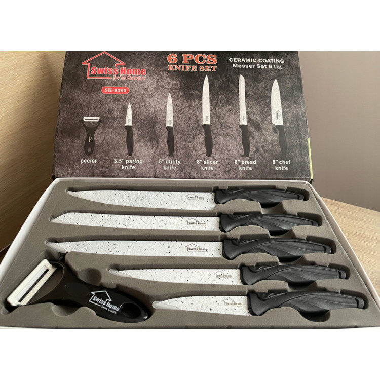 Noże kuchenne Swiss Home SH- 9380 zestaw stalowe z ceramiczna powłoką 5 noży plus obieraczka