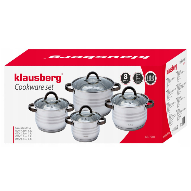 Garnki stalowe 2.1/2.9/3.9/6.6L zestaw 8 elementowy Klausberg KB 7701 uchwyty czarne indukcja gaz