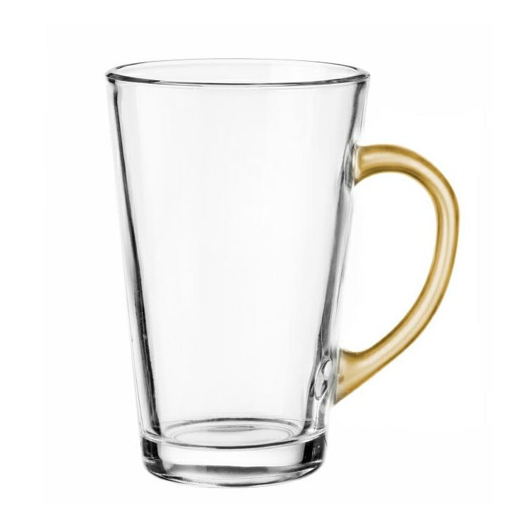 Szklanki ze złotym uchem 300 ml Glasmark Iwo do herbaty kawy latte macchiato komplet 6 sztuk z długimi łyżeczkami