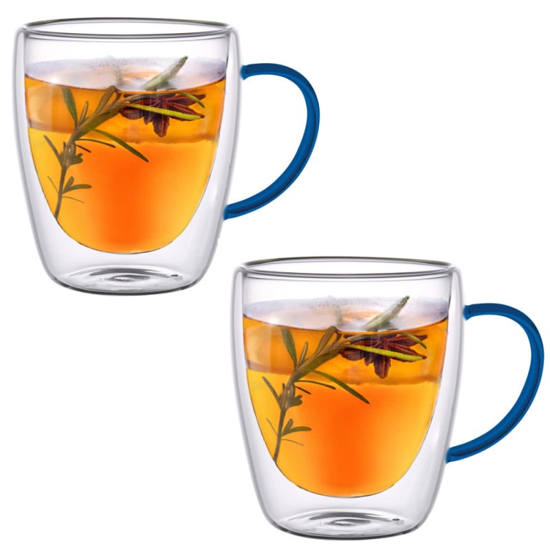 Szklanki termiczne z granatowym uchem Renza 300 ml do kawy latte komplet 2 szt MGHOME