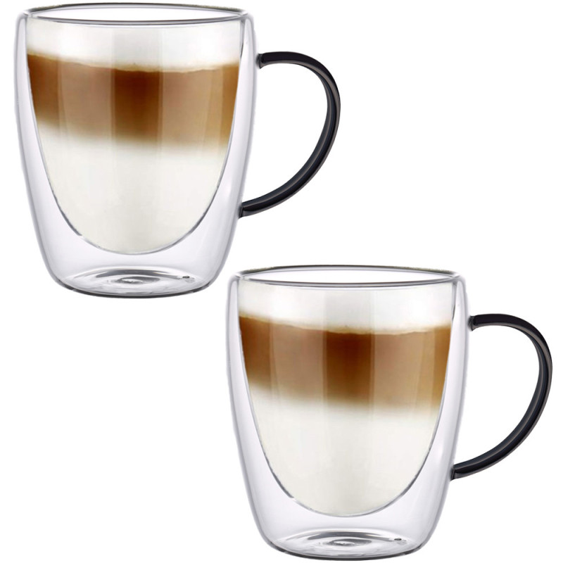 Szklanki termiczne z czarnym uchem zestaw 6 sztuk Renza 300 ml do kawy latte herbarty MG HOME
