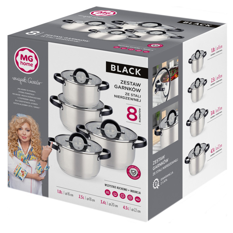 Zestaw garnków stalowych z czarnymi uchwytami komplet 8 elementowy Black MG HOME