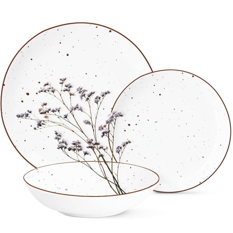 Serwis obiadowy porcelanowy Gemmo 18 elementów zestaw talerzy dla 6 osób biały nakrapiany