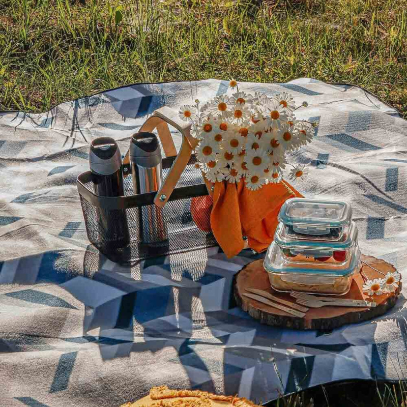 Koc piknikowy 200x200 mata temiczna składana Tadar jodełka szaro-niebieska