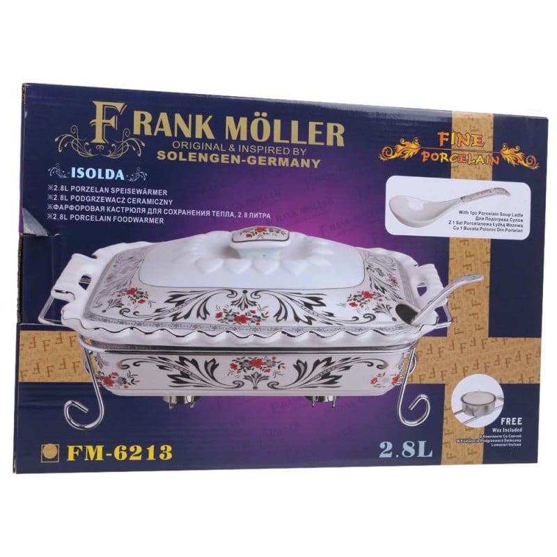 Podgrzewacz ceramiczny do potraw 2.8 L naczynie żaroodporne z łyżką prostokątne srebrne Frank Moller FM 6213