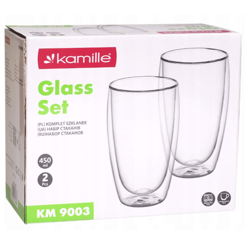 Szklanki termiczne do kawy latte 450 ml komplet 2 sztuk z podwójnymi ściankami wysokie Kamille 9003