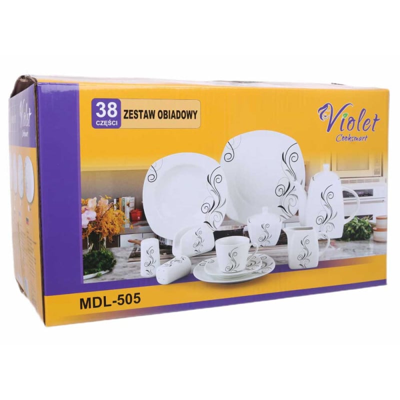 Serwis obiadowy porcelana 38 elementów komplet na 6 osób biały z serwisem kawowym + dodatki Violet VC 442