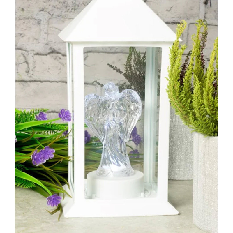 Lampion dekoracyjny z aniołkiem 14x14x32 cm latarenka XL biała znicz Cortina