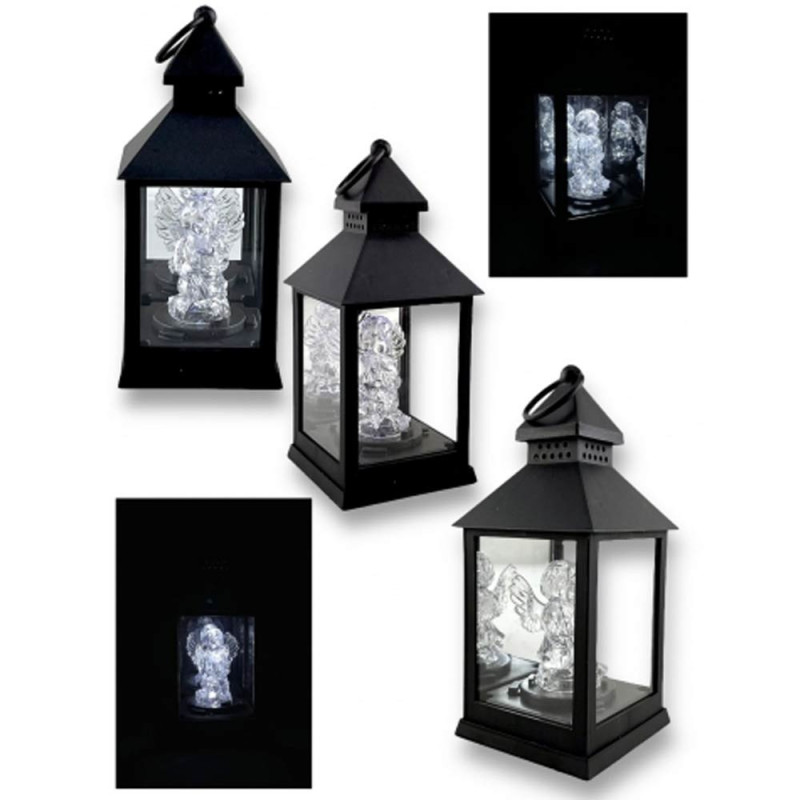 Lampion dekoracyjny z aniołkiem 10x10x26 cm latarenka mała czarna znicz Cortina