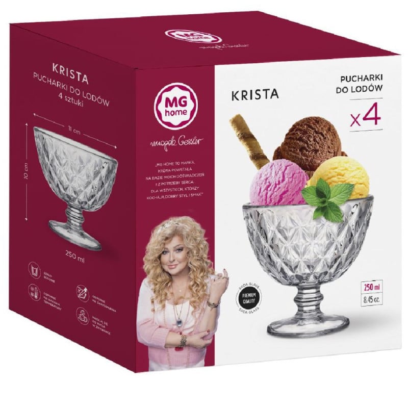 Pucharki do lodów MG Home Krista 250 ml szklane zestaw 4 sztuki
