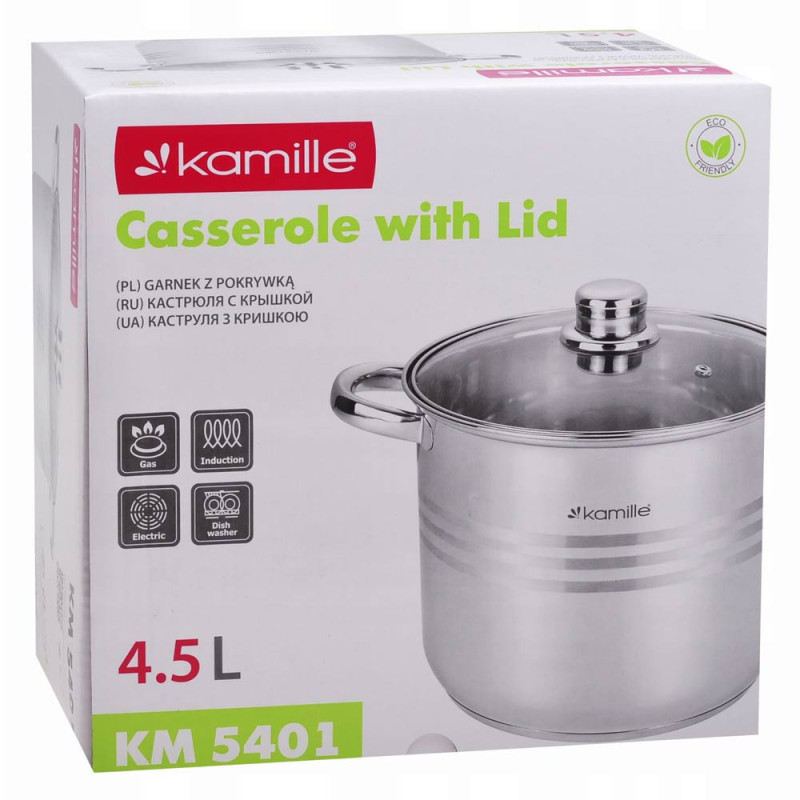 Garnek stalowy 4.5 L z pokrywką 20 cm nierdzewny Kamille 5401 indukcja gaz
