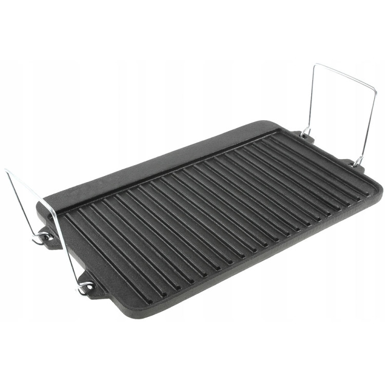 Płyta żeliwna grillowa duża na ognisko 52x25x2 cm Krisberg KB2709 dwustronna patelnia na ruszt z uchwytami