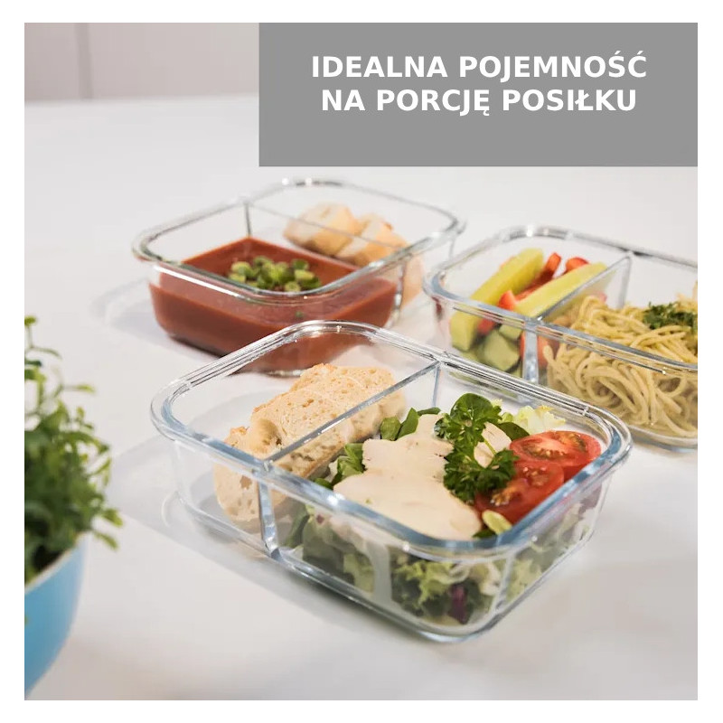 Zestaw 4 pojemników szklanych 1050 ml z przegrodą lunchbox GierekHoff Split 1104 żaroodporne hermetyczne dwukomorowe