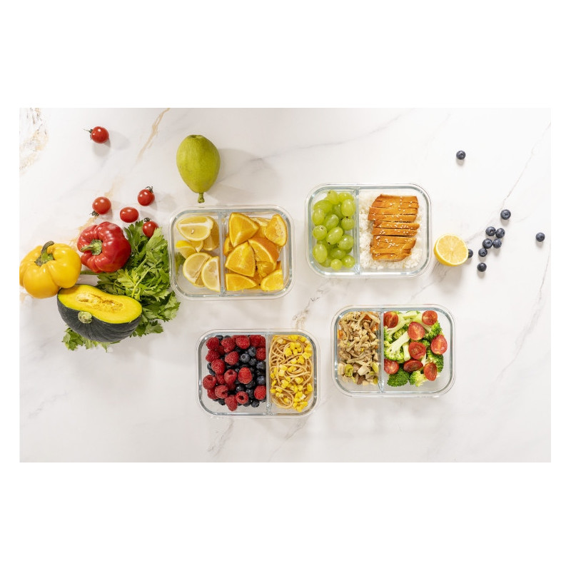 Zestaw 4 pojemników szklanych 1050 ml z przegrodą lunchbox GierekHoff Split 1104 żaroodporne hermetyczne dwukomorowe