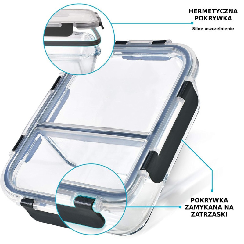 Zestaw 4 pojemników szklanych 1050 ml z przegrodą lunchbox GierekHoff Split 1104 żaroodporne hermetyczne dwukomorowe