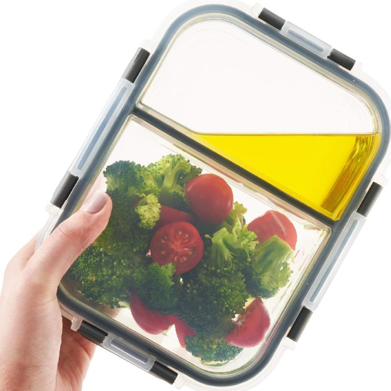 Zestaw 4 pojemników szklanych 1050 ml z przegrodą lunchbox GierekHoff Split 1104 żaroodporne hermetyczne dwukomorowe