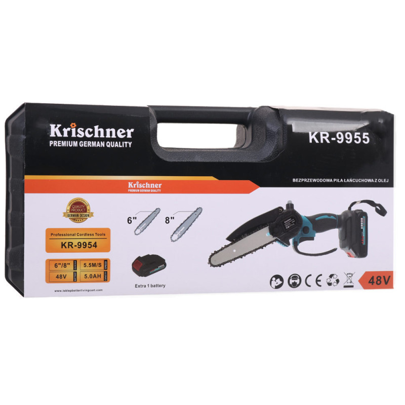 Mini piła akumulatorowa 48V pilarka elektryczna bezprzewodowa 6"/8" z olejem walizka Krischner KR 9955