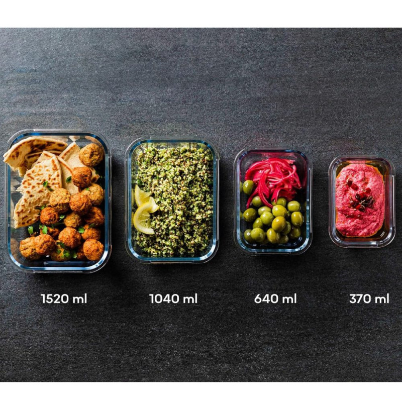 Pojemniki szklane prostokątne lunchbox GierekHoff Corio GH 1103 zestaw 4 sztuki żaroodporne hermetyczne 1520/1050/640/370 ml