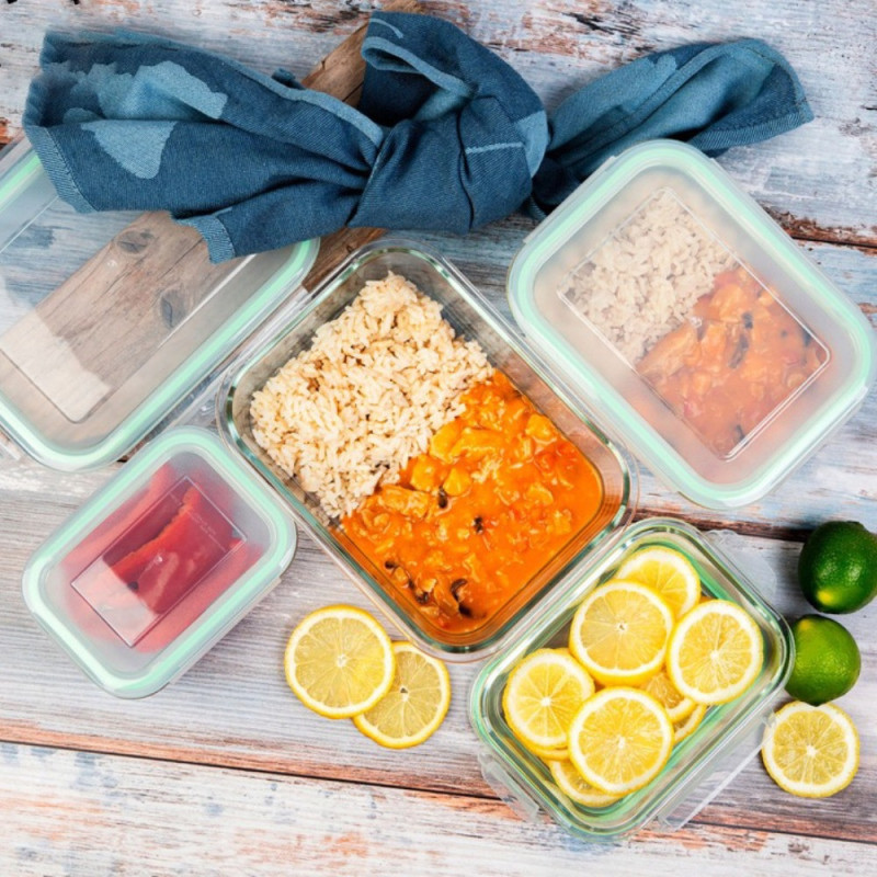 Pojemniki szklane prostokątne lunchbox GierekHoff Corio GH 1103 zestaw 4 sztuki żaroodporne hermetyczne 1520/1050/640/370 ml