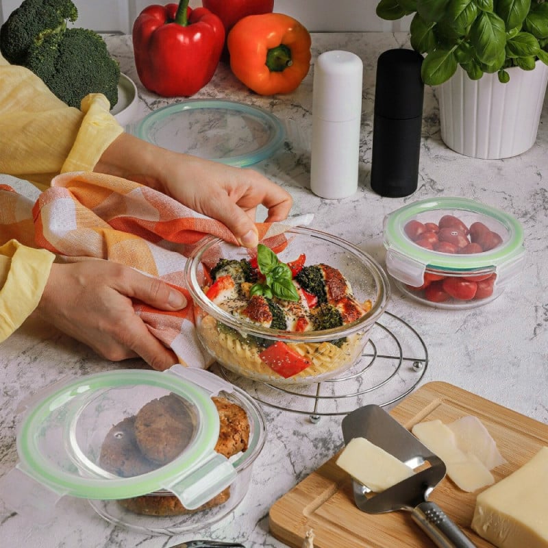 Pojemniki szklane okrągłe lunchbox GierekHoff Corio GH 1101 zestaw 3 sztuki żaroodporne hermetyczne 1200/950/400 ml