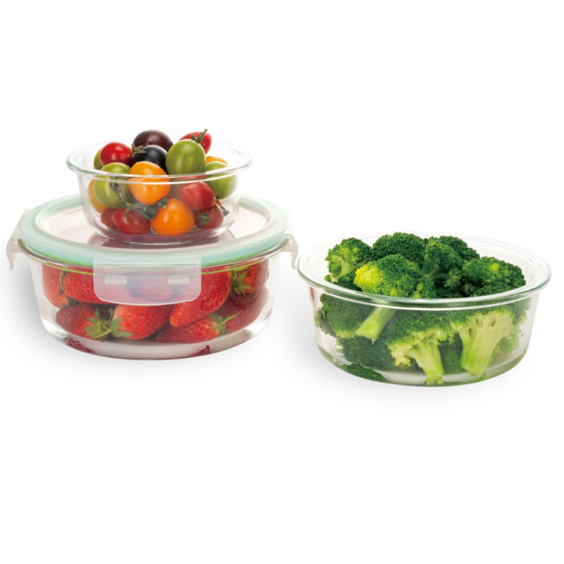 Pojemniki szklane okrągłe lunchbox GierekHoff Corio GH 1101 zestaw 3 sztuki żaroodporne hermetyczne 1200/950/400 ml