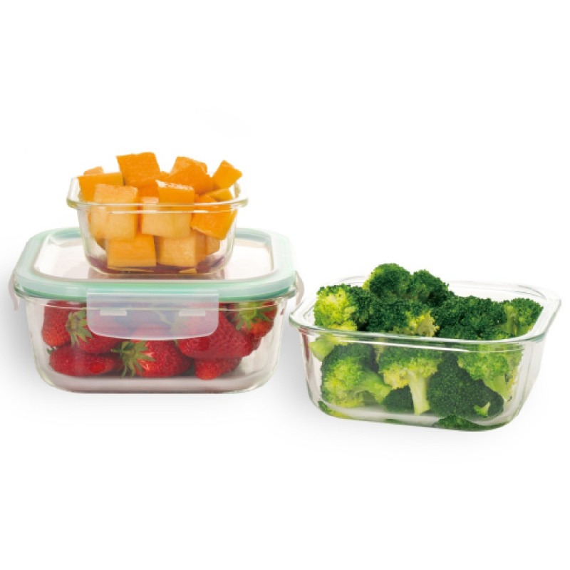 Pojemniki szklane kwadratowe lunchbox GierekHoff Corio GH 1102 zestaw 3 sztuki żaroodporne hermetyczne 1200/800/320 ml
